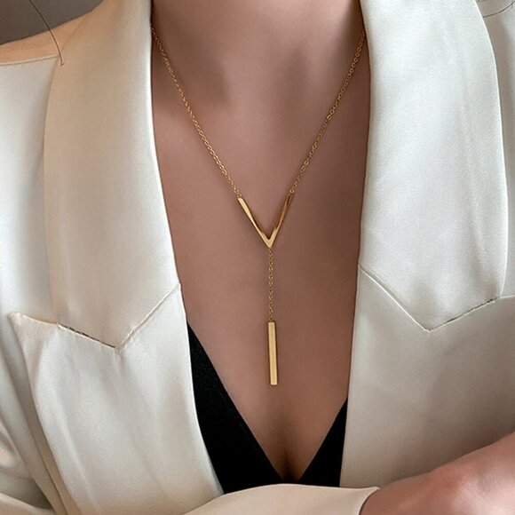 18k Gold Plated Stainless Steel Luxury V Geometric Y Style Chain Necklace - Picture 1 of 2